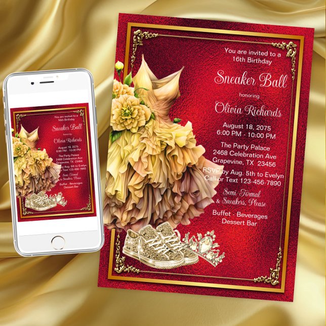 Red Gold Sneaker Ball Einladung (Red gold sneaker ball invitation. Instant download and printed invitations available.)