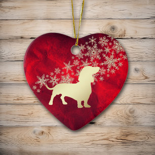 Red Gold Snowflake Dackel Keramik Ornament