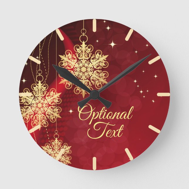 Red & Gold Snowflake Filigree Custom Christmas Runde Wanduhr (Vorderseite)