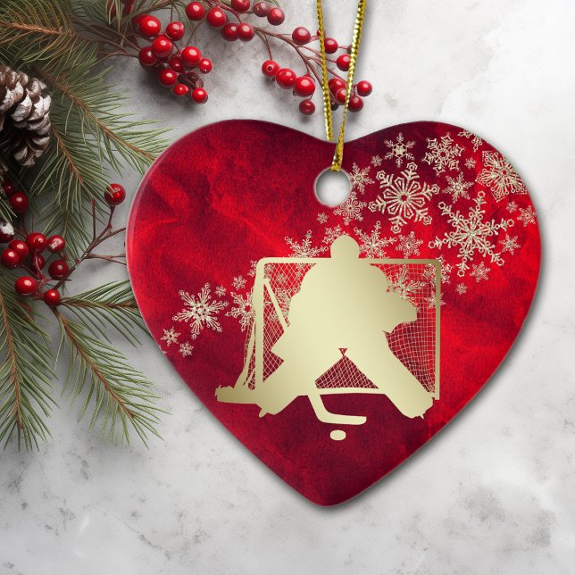 Red Gold Snowflake Hockey Goalie Personalisiert Keramik Ornament (Von Creator hochgeladen)
