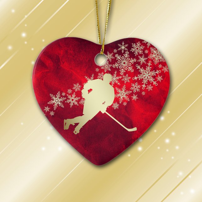 Red Gold Snowflake Hockey Spieler Personalisiert Keramik Ornament (Von Creator hochgeladen)