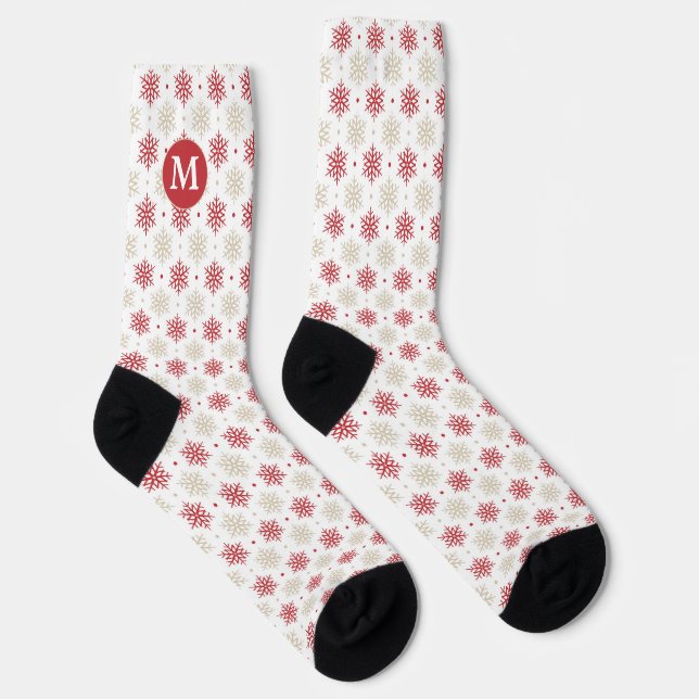 Red Gold Snowflake Muster Monogram Socken (Rechts)