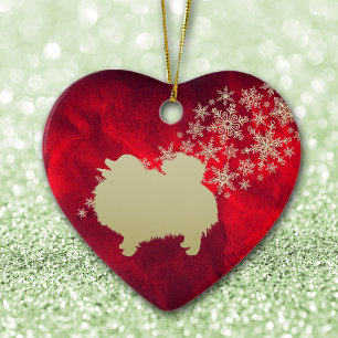 Red Gold Snowflake Pomeranian Keramik Ornament