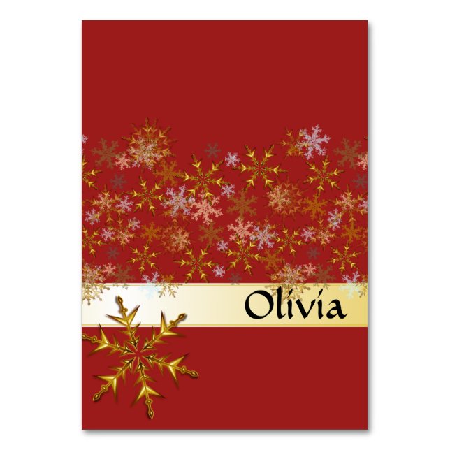 Red Gold Snowflakes Tented Holiday Platzkarten Tischnummer (Vorderseite)