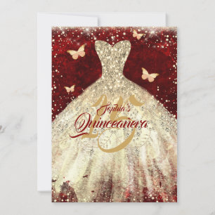 Red Gold Sparkle Butterfly Dress Quinceanera Einladung