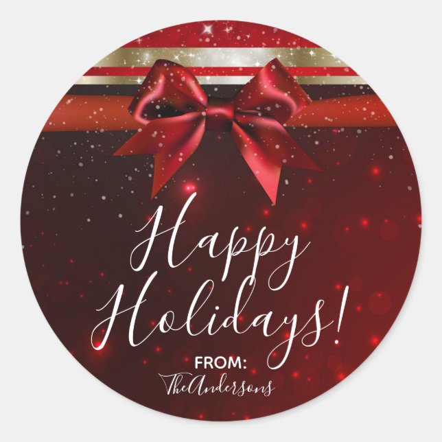 Red & Gold Sparkle Chic Bow Elegantes Holiday Gefa Runder Aufkleber (Vorderseite)
