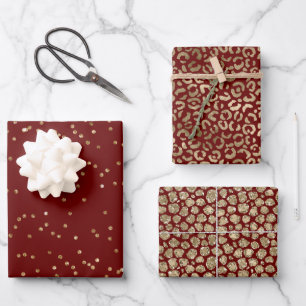 Red Gold Sparkle Dots Leopard Print Geschenkpapier Set