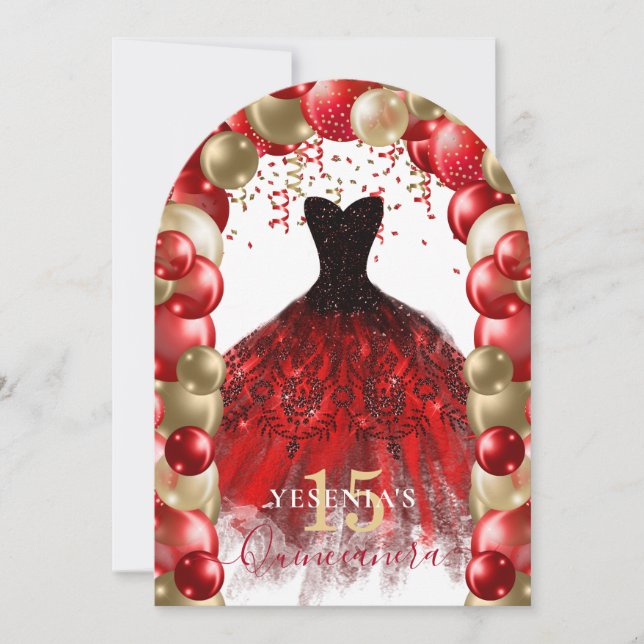 Red Gold Sparkle Dress Quinceañera Balloon Arch Einladung (Vorderseite)
