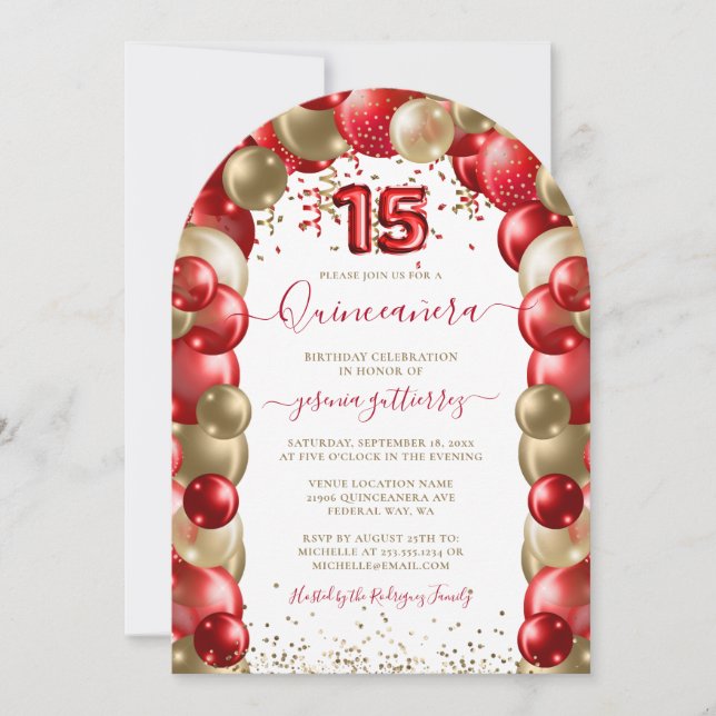 Red Gold Sparkle Quinceañera Balloon Einladung (Vorderseite)