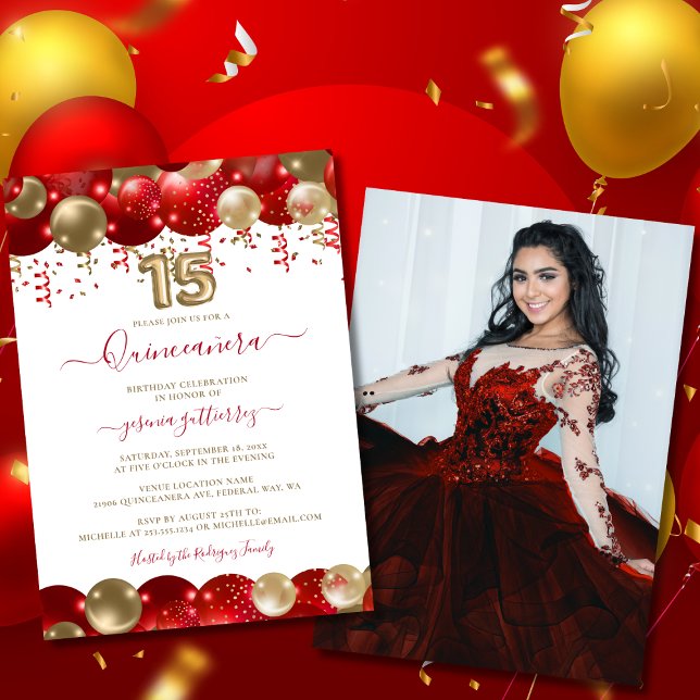Red Gold Sparkle Quinceañera Balloon Foto Einladung (Red Gold Sparkle Quinceañera Balloon Photo Invitation)