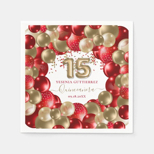 Red Gold Sparkle Quinceañera Balloon Serviette (Vorderseite)