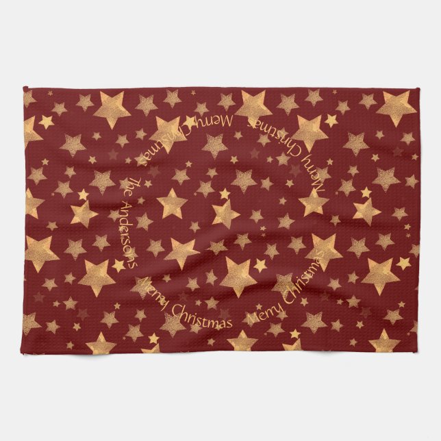 Red Gold Stars Muster Elegant Frohe Weihnachten Geschirrtuch (Horizontal)