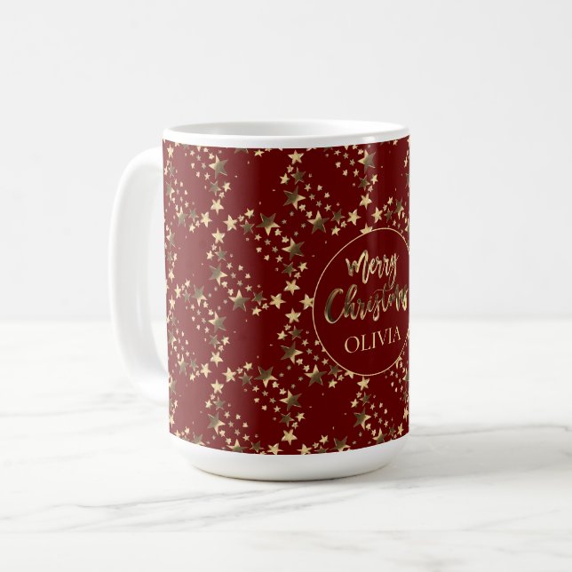 Red Gold Stars Muster mit Namen Frohe Weihnachten Kaffeetasse (Vorderseite Links)