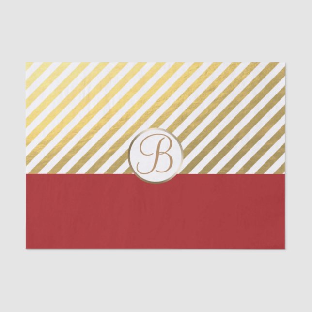 Red Gold Stripes Holiday Monogram Letter Initial Seidenpapier (Vorderseite)