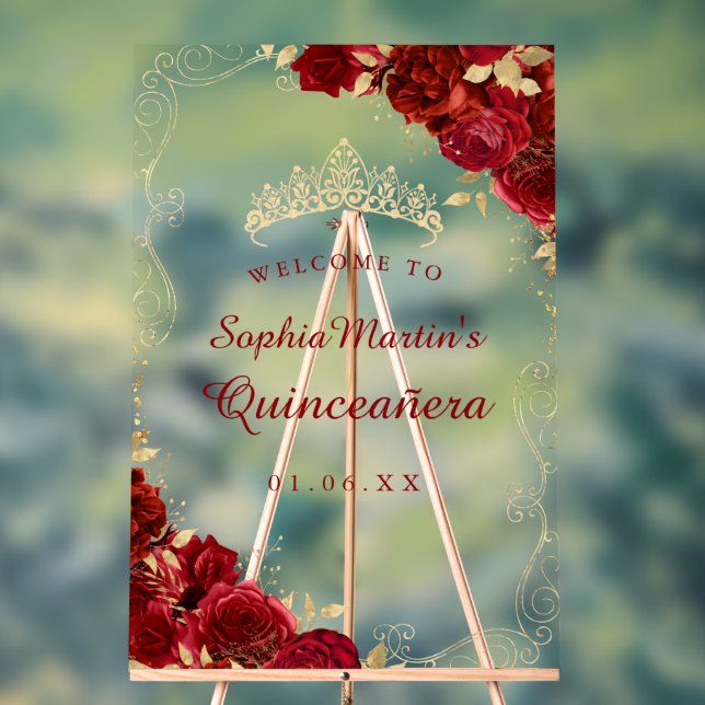 Red Gold Swirl floral Quinceanera Acrylzeichen Acrylschild (Neutral)