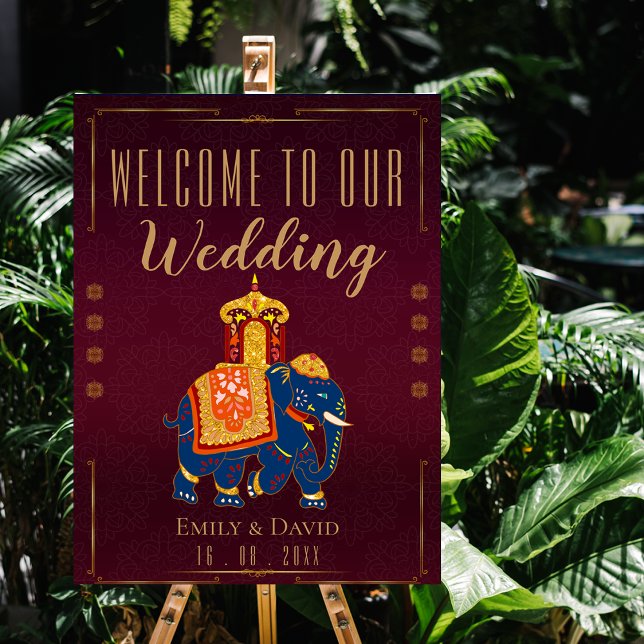 Red Gold Traditionelle indische Hochzeit Willkomme Poster (Red Gold Traditional Indian Wedding Welcome Poster)
