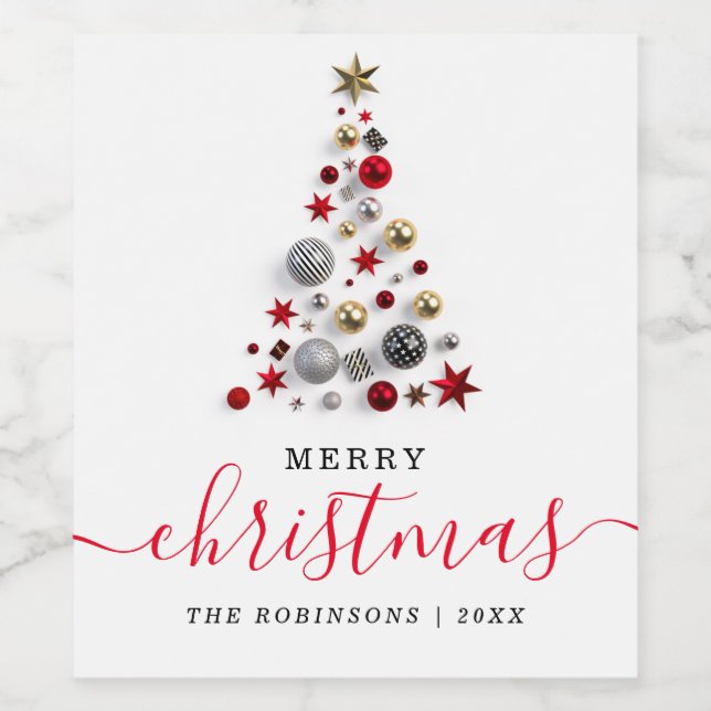 Red & Gold Urlaub Moderner Weihnachtsbaum Weinetikett (Einzelnes Label)