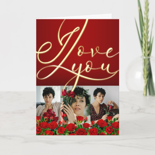 Red Gold Valentine’s Day I Love You Photo Collage Karte (Vorderseite)