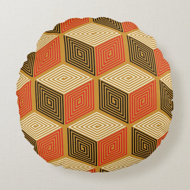 Red Gold Vintag Cube Muster Rundes Kissen (Vorderseite)