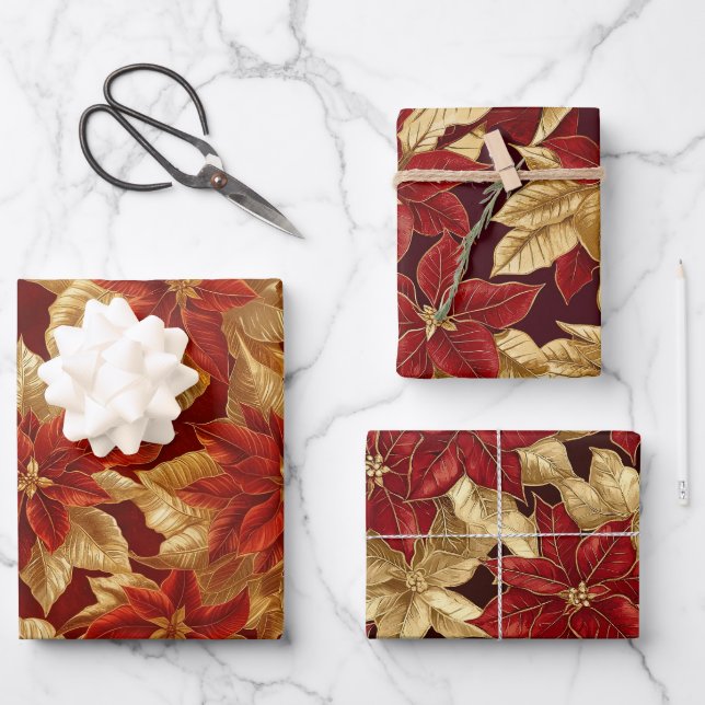 Red Gold Vintag Poinsettias Weihnachten Geschenkpapier Set (Vorderseite)