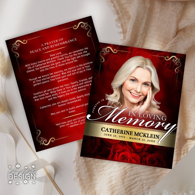Red & Gold Vintage Roses Obituary Prayer Card Einladung (Von Creator hochgeladen)