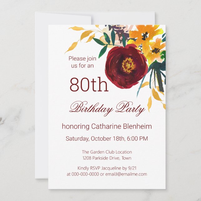 Red + Gold Watercolor Floral 80th Birthday Party  Einladung (Vorderseite)