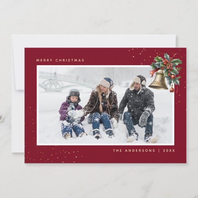 Red Gold Watercolor Holly Bell Foto Weihnachten (Vorderseite)