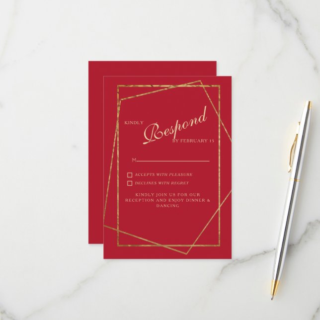 Red & Gold Wedding RSVP Karte (Vorderseite/Rückseite Beispiel)