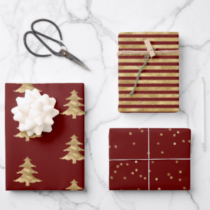Red Gold Weihnachtsbaum Streifen Sparkle Geschenkpapier Set