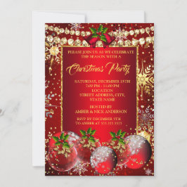 Red Gold Weihnachtsfeier Baubles Holly Einladung