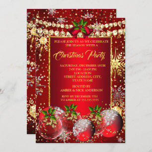Red Gold Weihnachtsfeier Baubles Holly Einladung