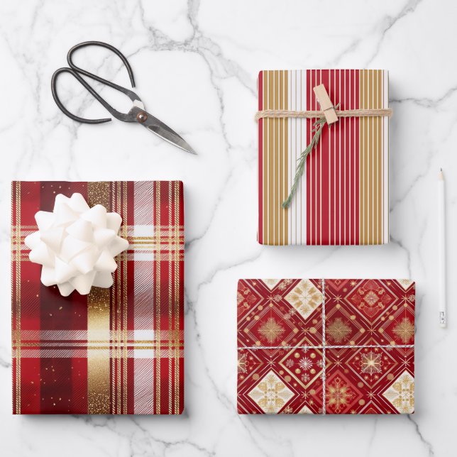 Red Gold Weihnachtsmuster Tartan Muster#7 ID1009 Geschenkpapier Set (Vorderseite)