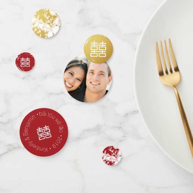 Red Gold & White Blossom Double Happy Chinese Konfetti (Gruppe)