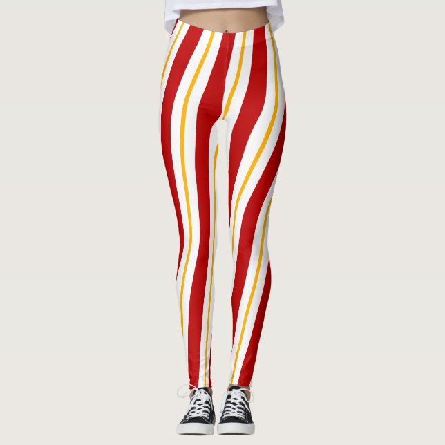 Red Gold & White Candy Cane Strip Weihnachten Leggings (Vorderseite)