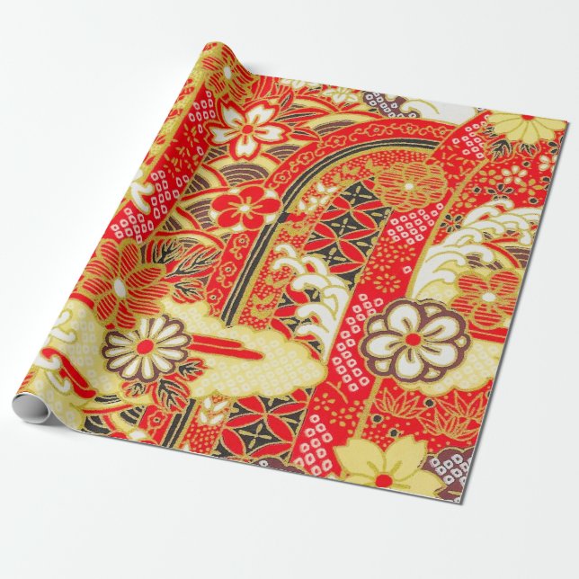 Red Gold White Japanisch Kimono Floral Decoupage Geschenkpapier (Ungerollt)