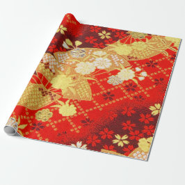 Red Gold White Japanisch Kimono Floral Decoupage Geschenkpapier
