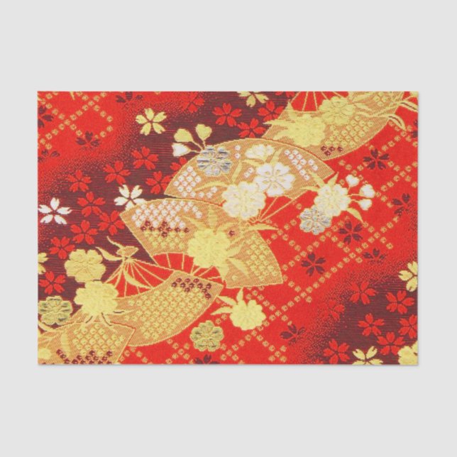Red Gold White Japanisch Kimono Floral Decoupage Seidenpapier (Vorderseite)