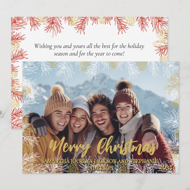 Red Gold White Modern Botanisches Foto Weihnachten (Vorne/Hinten)