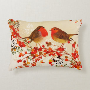 Red Gold Winter Birds Holly Berry Branches Dekokissen