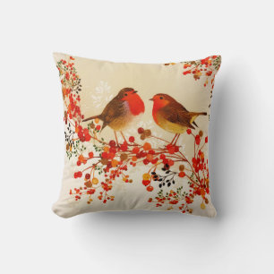 Red Gold Winter Birds Holly Berry Branches Kissen