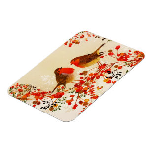 Red Gold Winter Birds Holly Berry Branches Magnet