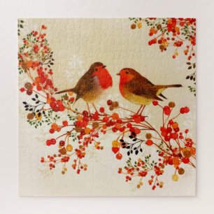 Red Gold Winter Birds Holly Berry Branches Puzzle