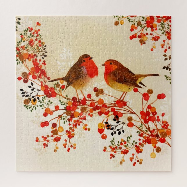Red Gold Winter Birds Holly Berry Branches Puzzle (Vertikal)