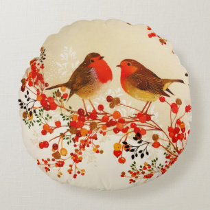 Red Gold Winter Birds Holly Berry Branches Rundes Kissen
