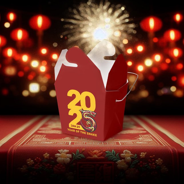 Red Gold Year of the Snake 2025 Geschenkschachtel (CNY 2025 Takeout Style Favor Box Fireworks Lanterns Cover Photo)