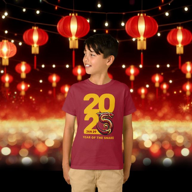 Red Gold Year of the Snake 2025 T-Shirt (CNY 2025 Boys Shirt Fireworks Lanterns Cover Photo)