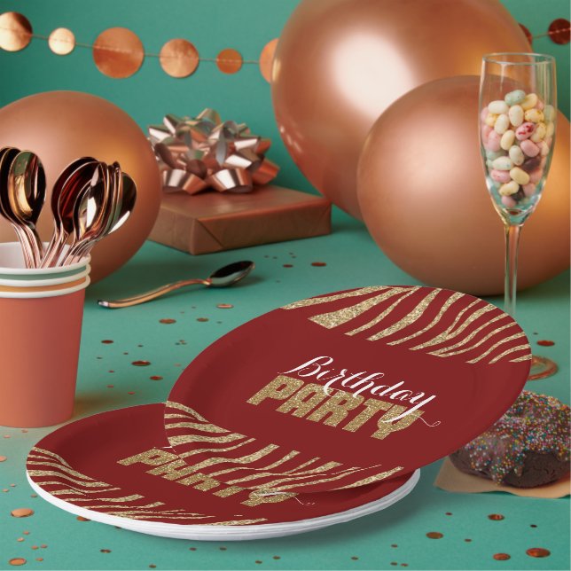 Red Gold Zebra Print Imitats Glitzer Geburtstag Pappteller (Multi)