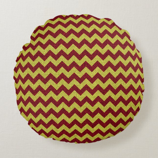 Red & Gold Zig Zag Glitzer Rundes Kissen (Vorderseite)