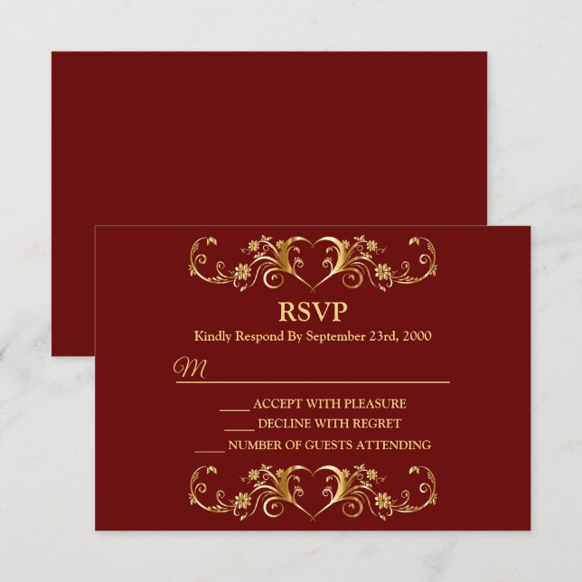 Red Golden Geometric Trendy Wedding RSVP Karte (Vorne/Hinten)