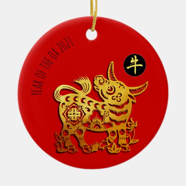 Red Golden Ox Papercut Chinesisches Neujahr 2021 C Keramik Ornament (Vorne)